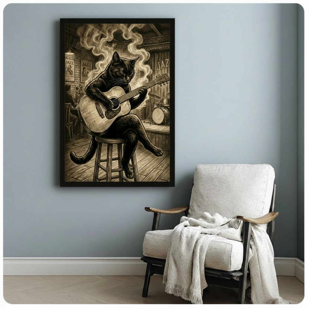 Jazz Bar Black Cat Guitar Vintage Canvas Art Wall Art