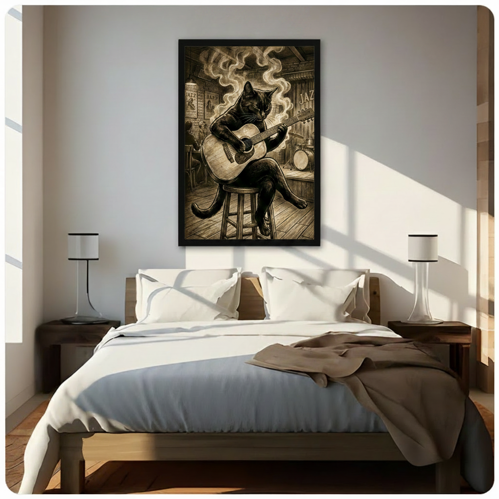 Jazz Bar Black Cat Guitar Vintage Canvas Art Wall Art