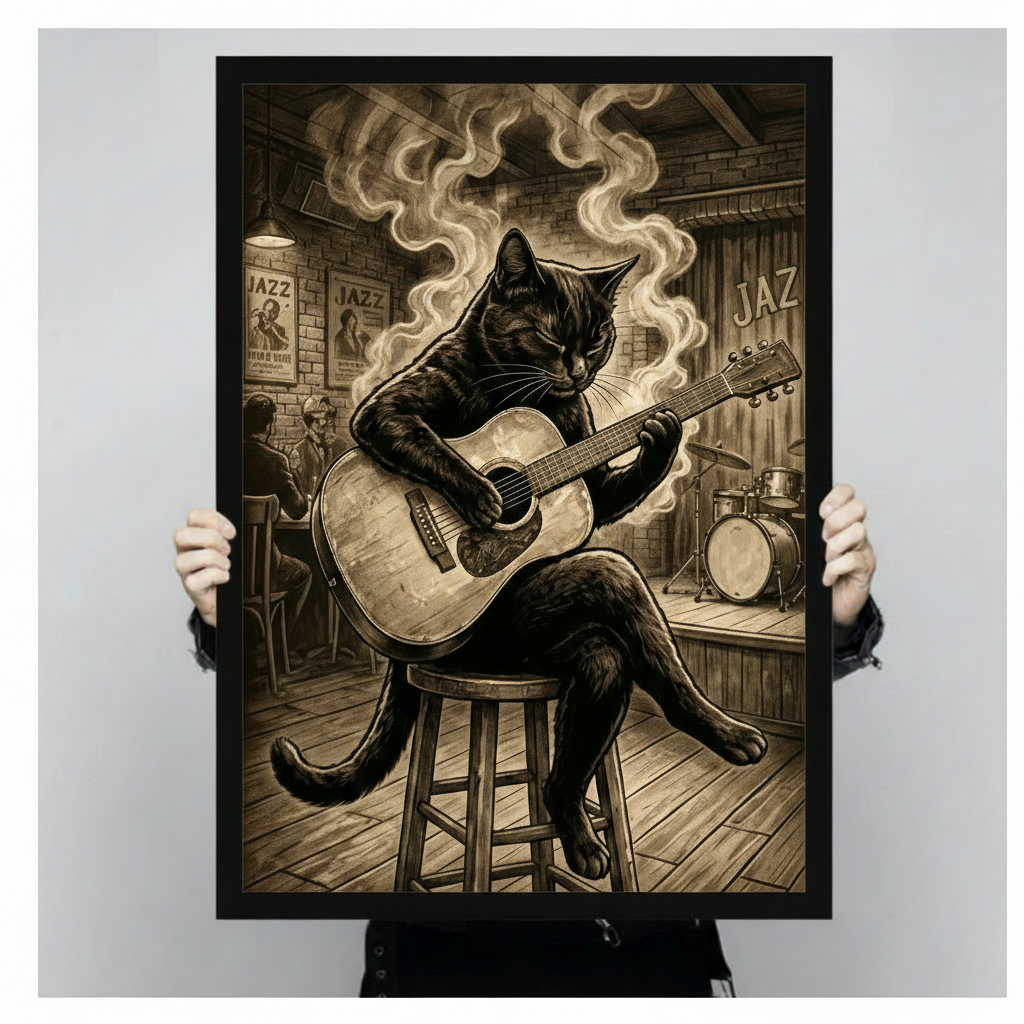 Jazz Bar Black Cat Guitar Vintage Canvas Art Wall Art