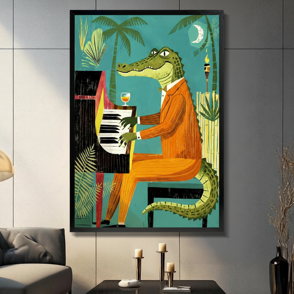 Retro Crocodile Piano Tropical Canvas Wall Art