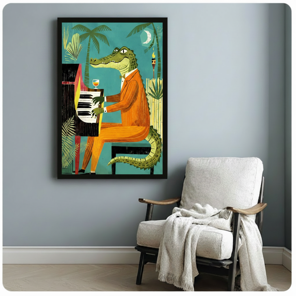 Retro Crocodile Piano Tropical Canvas Wall Art
