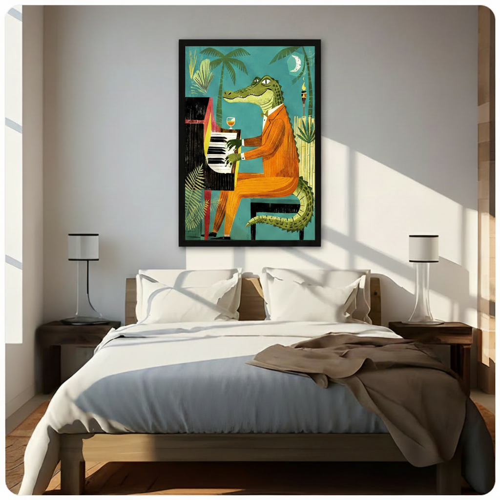 Retro Crocodile Piano Tropical Canvas Wall Art