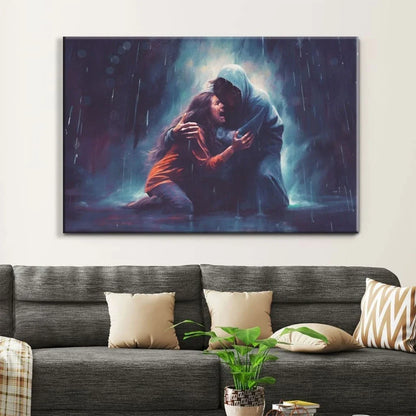 christian art jesus holds a woman in the storm wall art canvas (Landscape) (view 5)