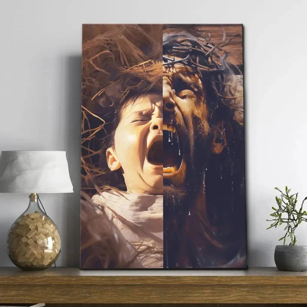 jesus as a baby and on the cross christian wall art canvas (Landscape) (view 7)