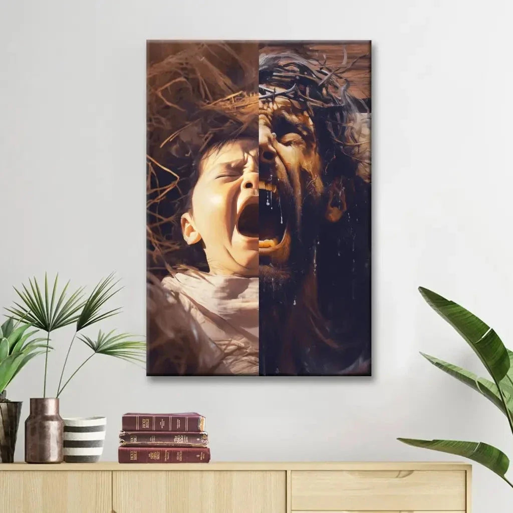 jesus as a baby and on the cross christian wall art canvas (Landscape) (view 9)