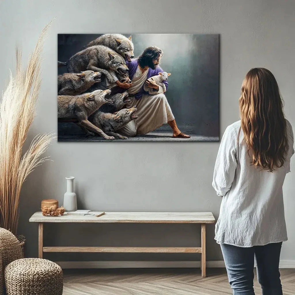 jesus protects the lamb from wolves wall art canvas (Landscape) (view 10)