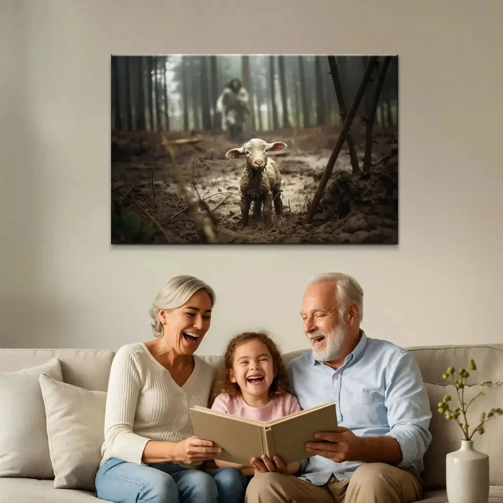 jesus running after a lost lamb jesus and lamb picture wall art canvas (Landscape) (view 2)