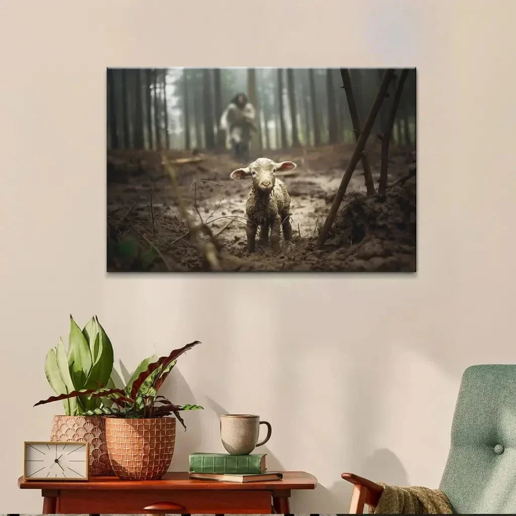 jesus running after a lost lamb jesus and lamb picture wall art canvas (Landscape) (view 4)