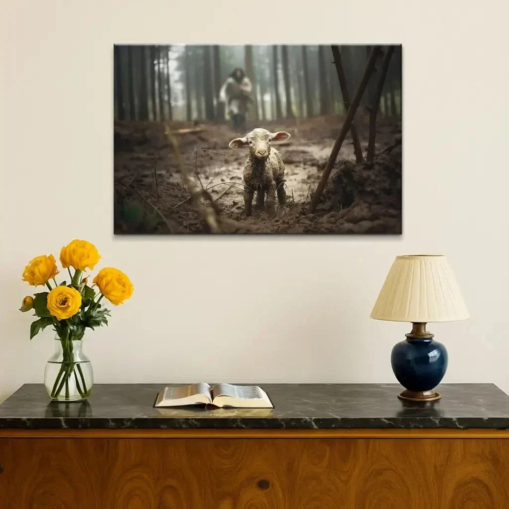 jesus running after a lost lamb jesus and lamb picture wall art canvas (Landscape) (view 5)