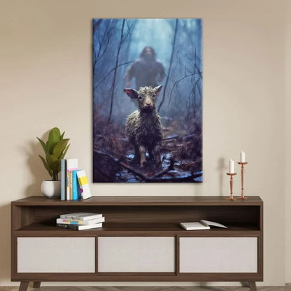 christian canvas print jesus running toward a lost lamb in a dark rainy forest wall art (Landscape) (view 2)