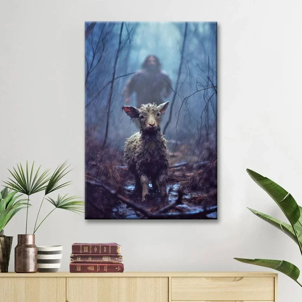 christian canvas print jesus running toward a lost lamb in a dark rainy forest wall art (Landscape) (view 3)