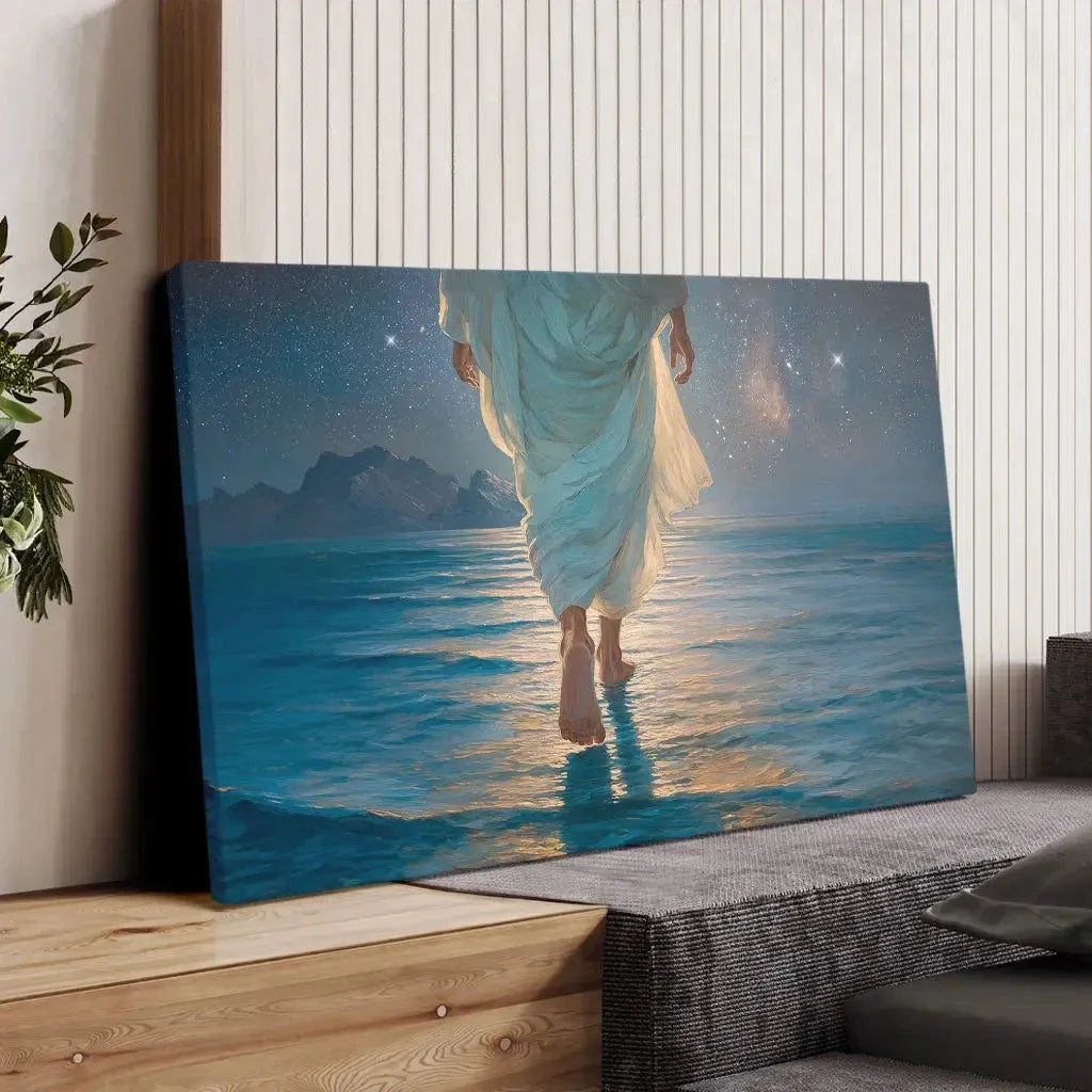 jesus walking on water christian wall art canvas calm sea glowing night sky (Landscape) (view 5)