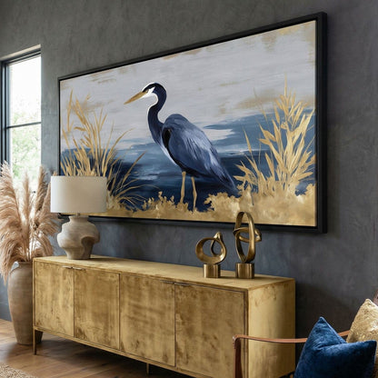 Coastal Heron Gold Reeds Canvas Wall Art