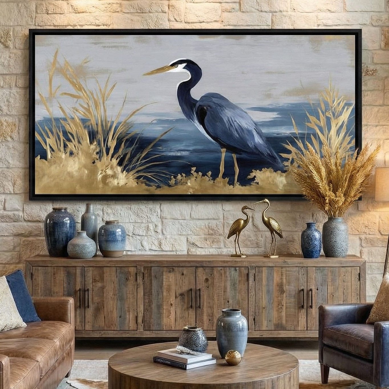 Coastal Heron Gold Reeds Canvas Wall Art