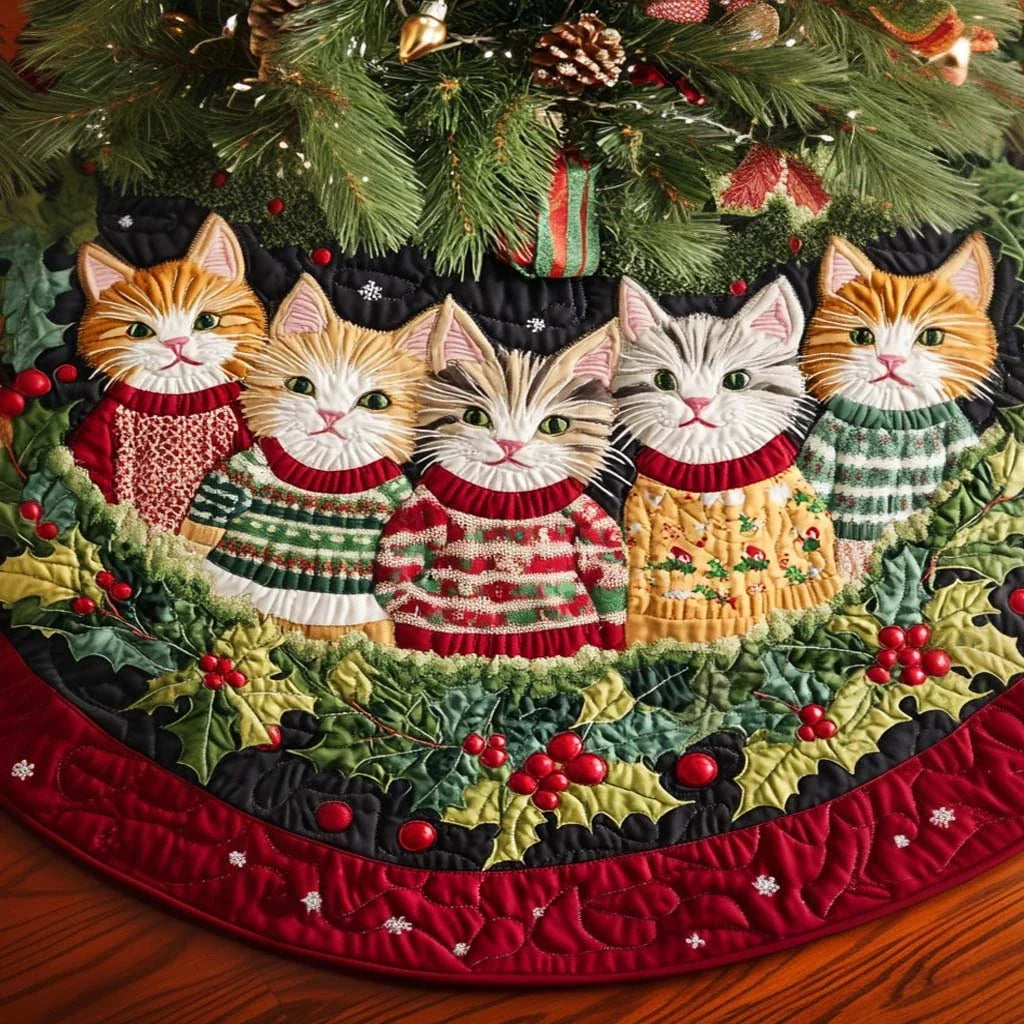 Jingle Cat Christmas Quilted Tree Skirt