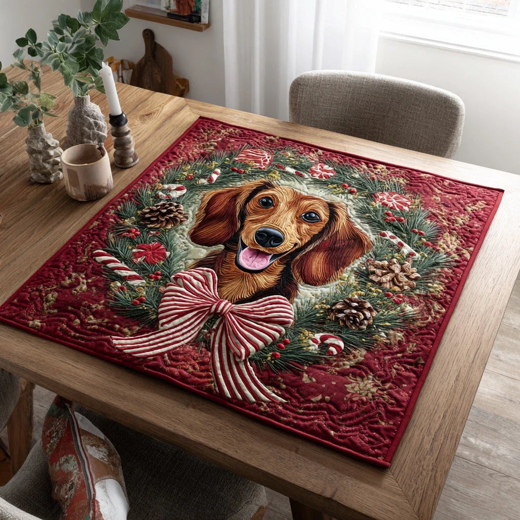 Jolly Dachshund Wreath Quilted Table Topper