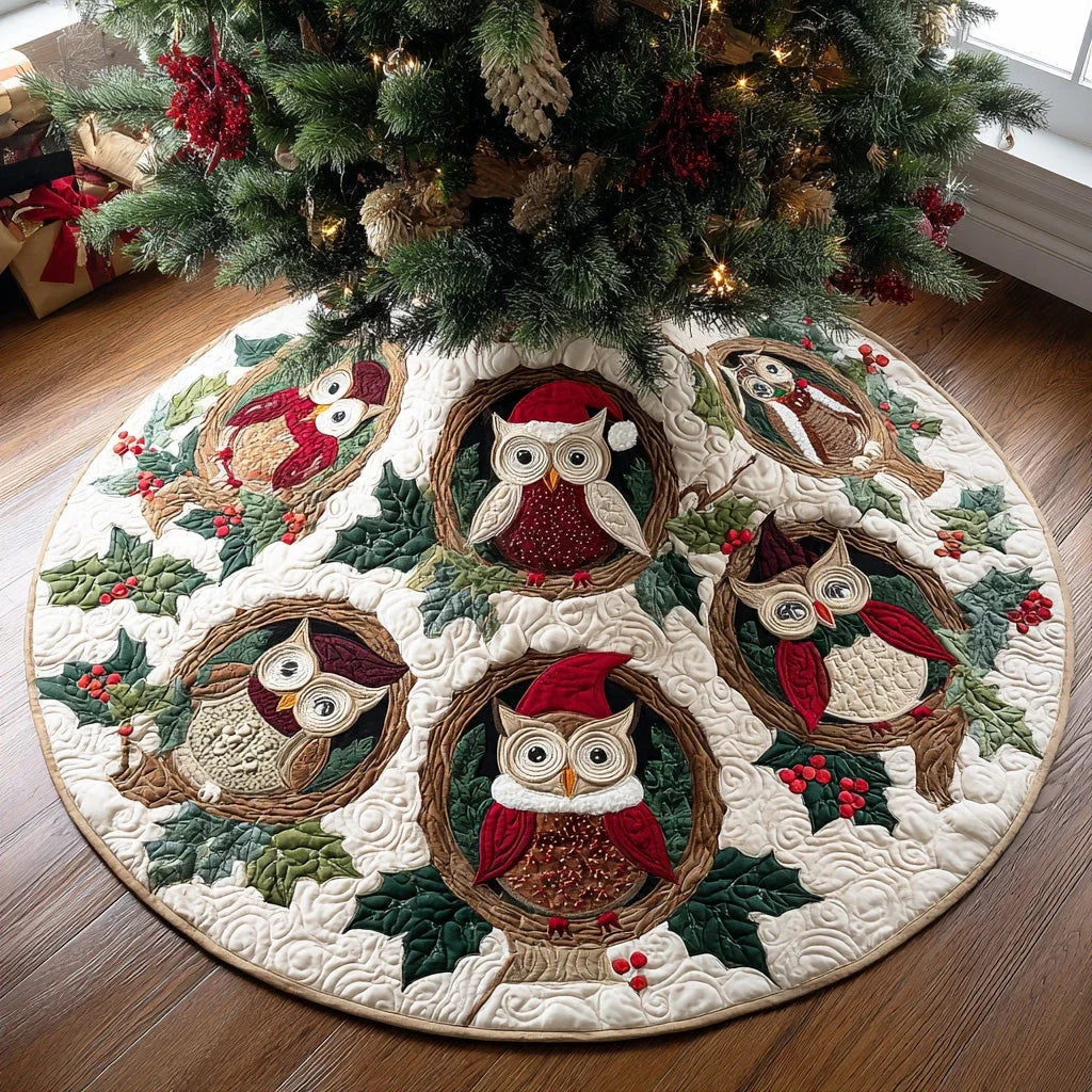 Jolly Owl Glow Christmas Quilted Tree Skirt