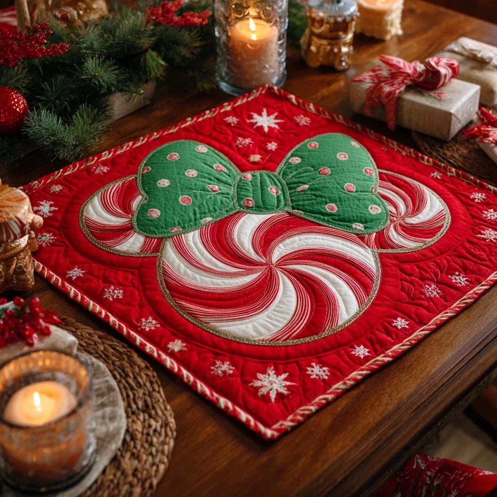 Jolly Peppermint Bow Quilted Table Topper