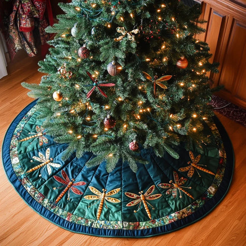 Joyful Dragonfly Christmas Quilted Tree Skirt
