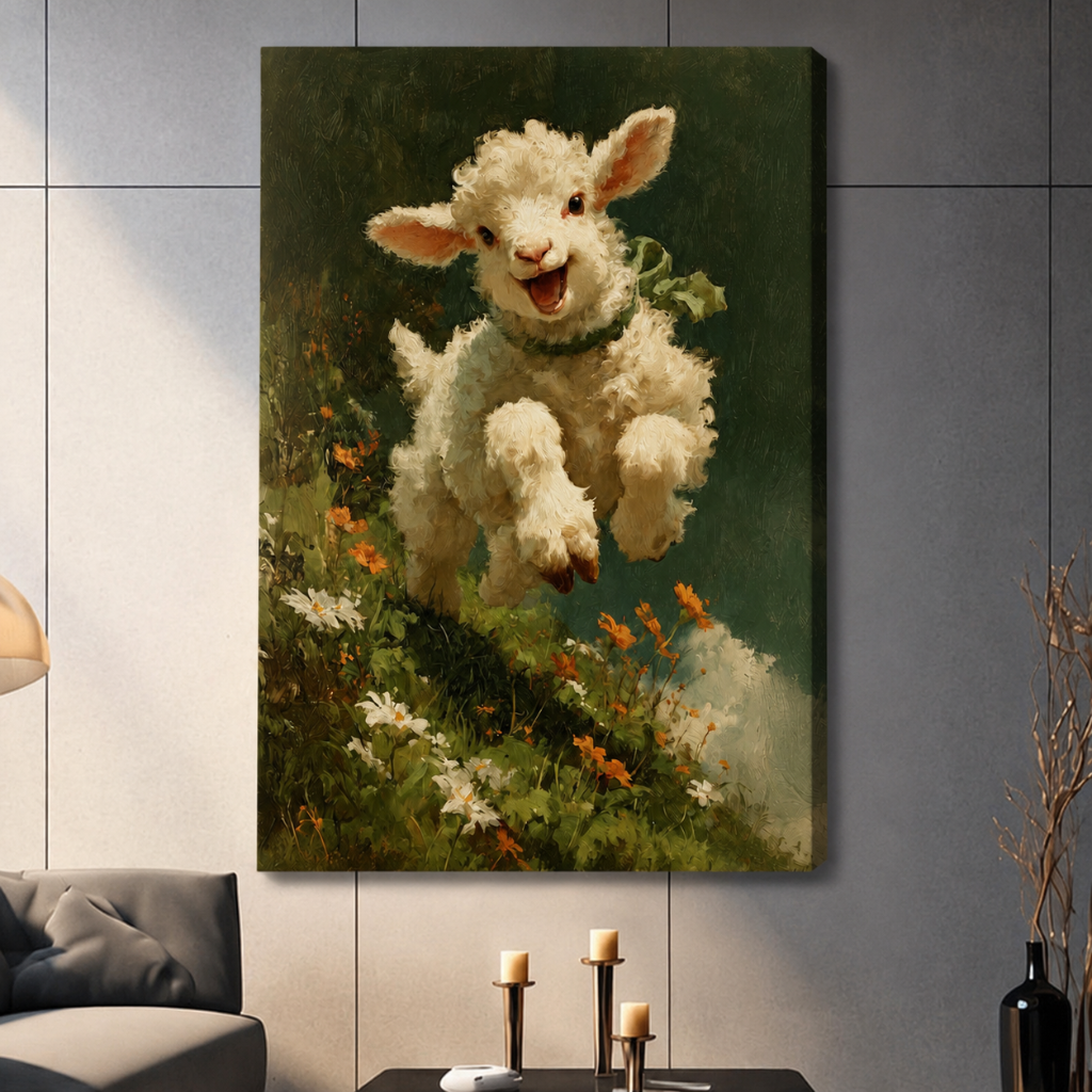 Joyful Leaping Lamb Wildflower Vintage Canvas Wall Art