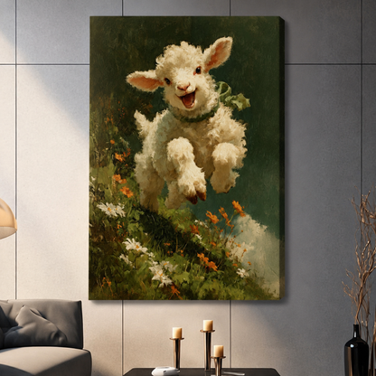 Joyful Leaping Lamb Wildflower Vintage Canvas Wall Art