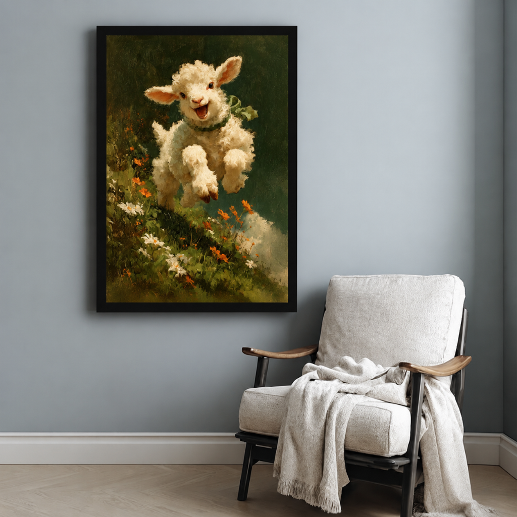 Joyful Leaping Lamb Wildflower Vintage Canvas Wall Art