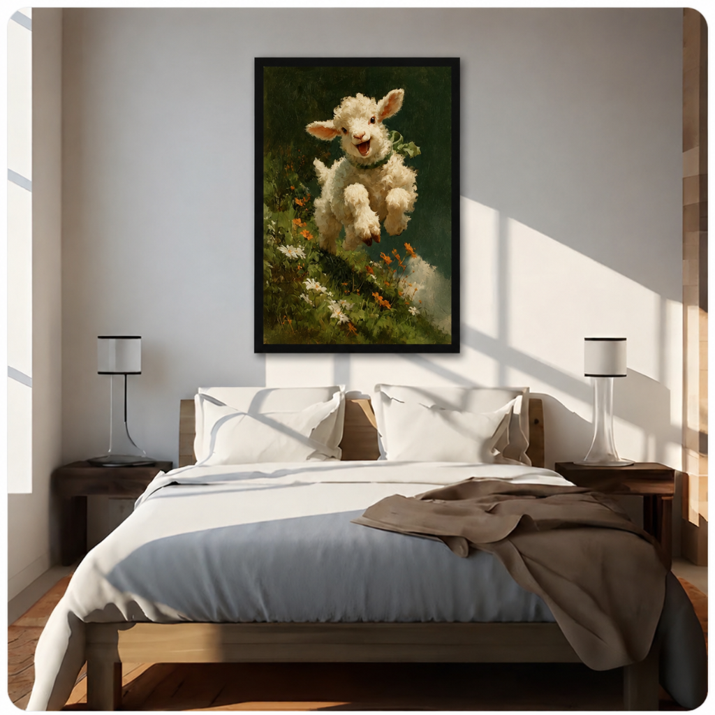 Joyful Leaping Lamb Wildflower Vintage Canvas Wall Art