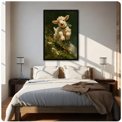 Joyful Leaping Lamb Wildflower Vintage Canvas Wall Art