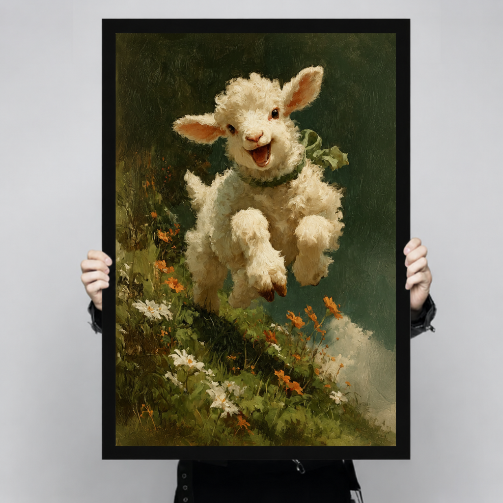 Joyful Leaping Lamb Wildflower Vintage Canvas Wall Art