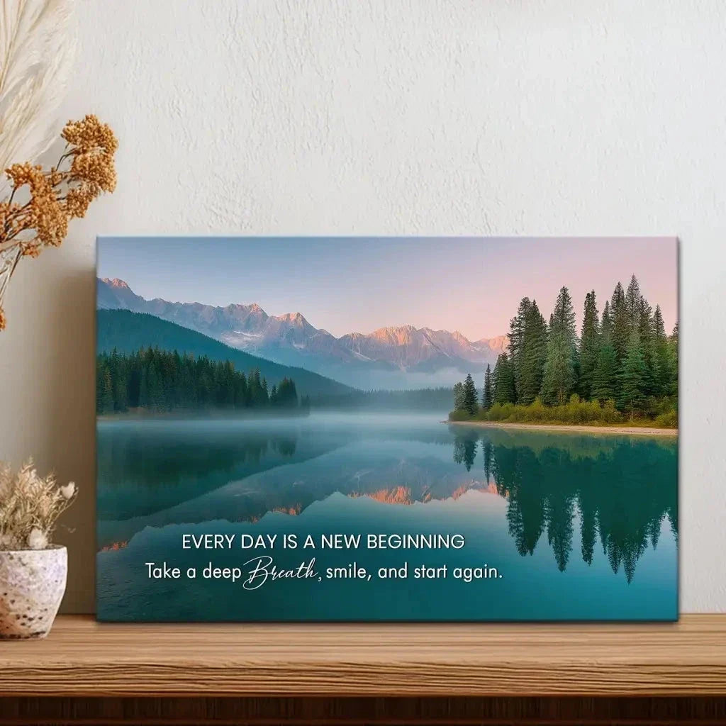 every day is a new beginning serene mountain lake christian wall art canvas (Landscape)