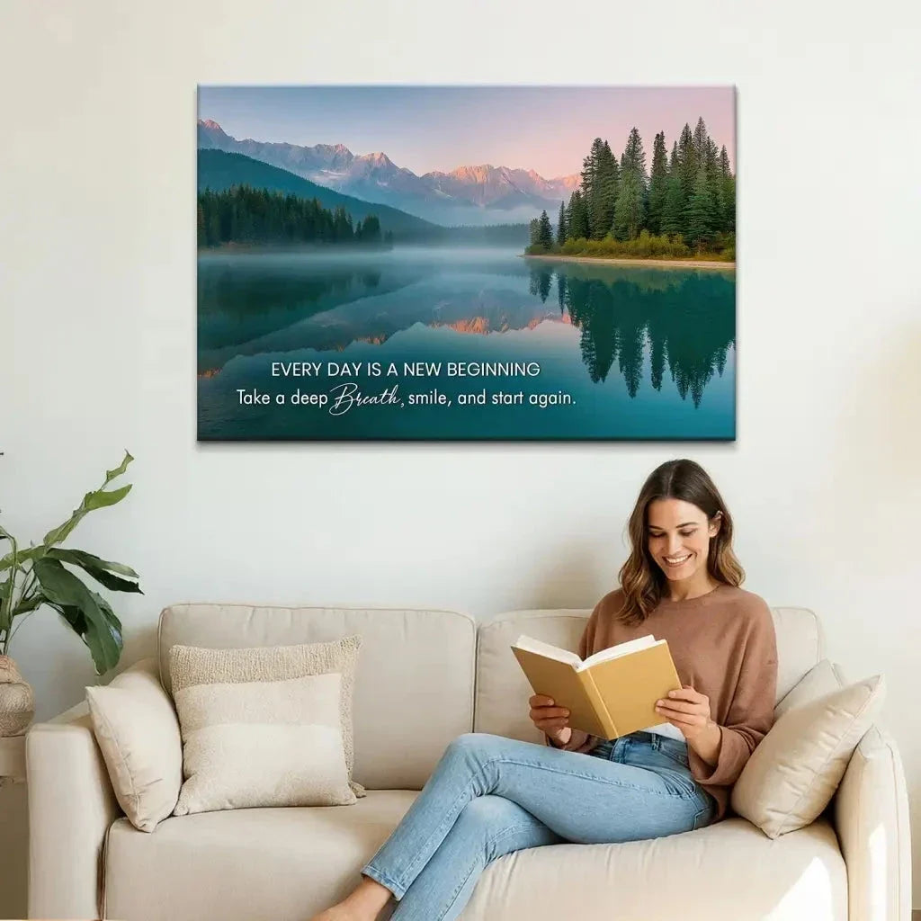 every day is a new beginning serene mountain lake christian wall art canvas (Landscape) (view 2)