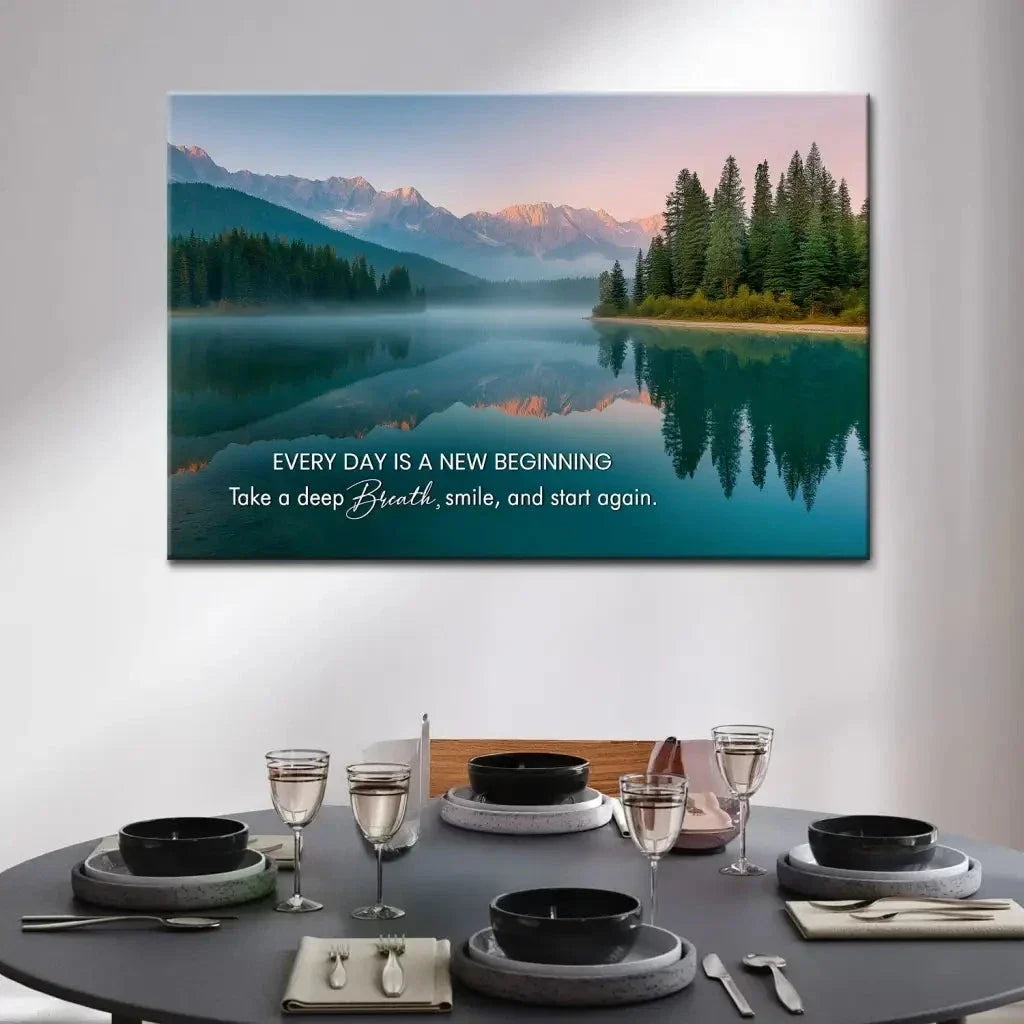 every day is a new beginning serene mountain lake christian wall art canvas (Landscape) (view 3)