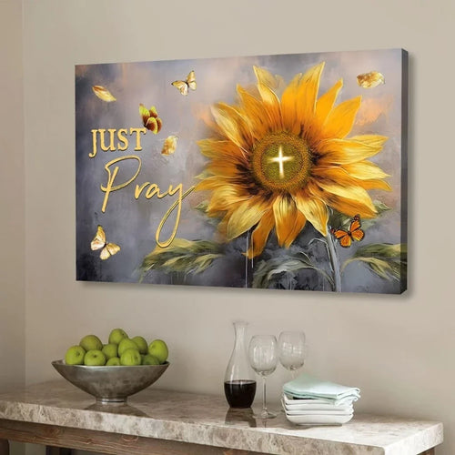 christian wall art just pray canvas sunflower butterfly (Landscape)