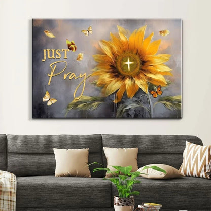 christian wall art just pray canvas sunflower butterfly (Landscape) (view 2)