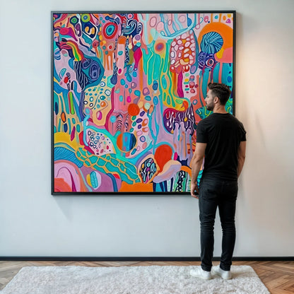 Man standing in front of a large abstract painting with vibrant colors on a white wall.
