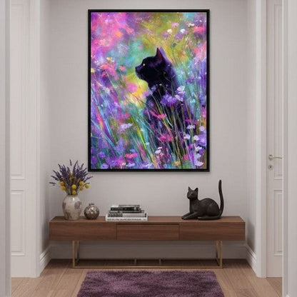 Midnight Feline Among Wildflowers Canvas Wall Art