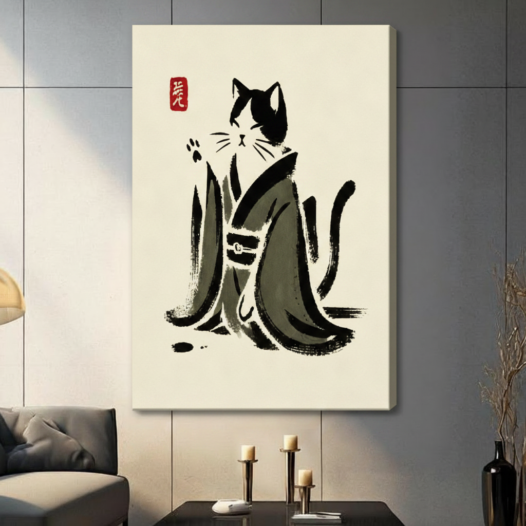 Kimono Cat Ink Brush Canvas Art Wall Art