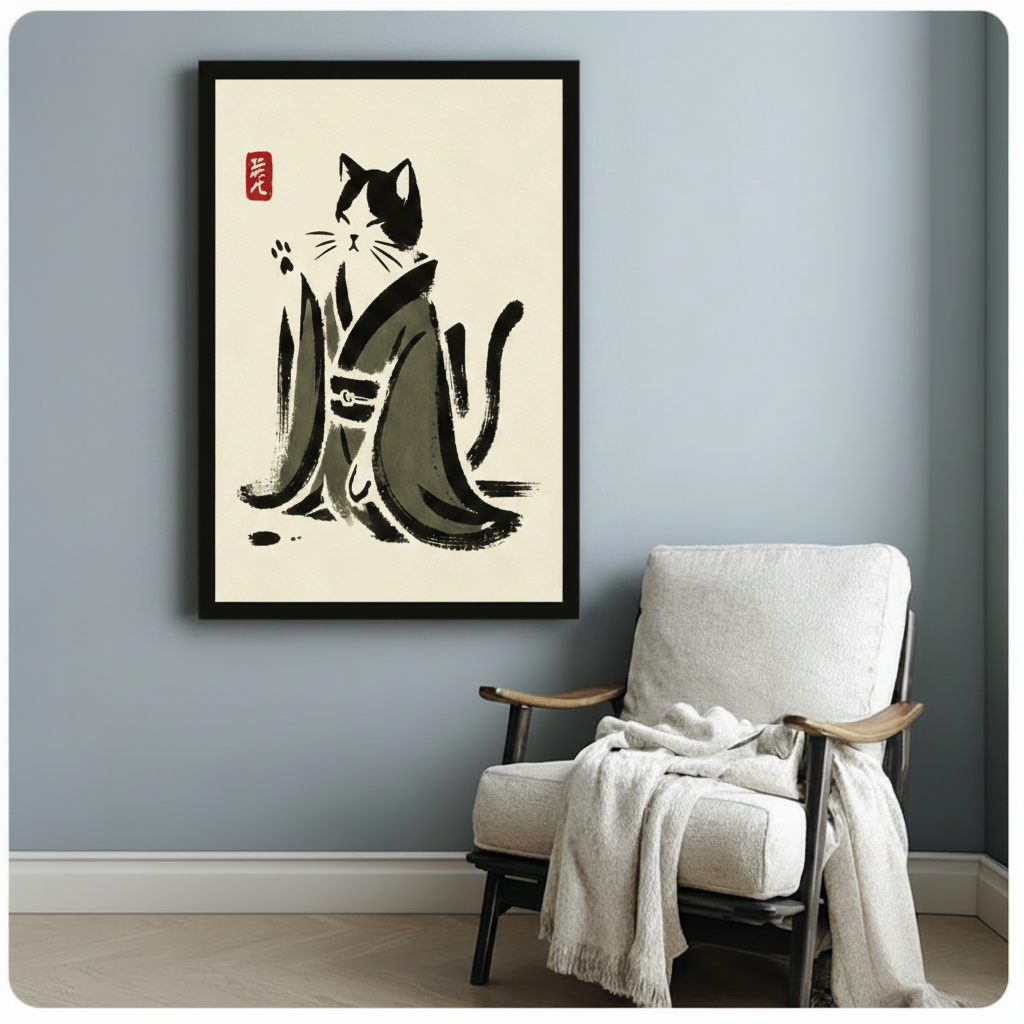 Kimono Cat Ink Brush Canvas Art Wall Art