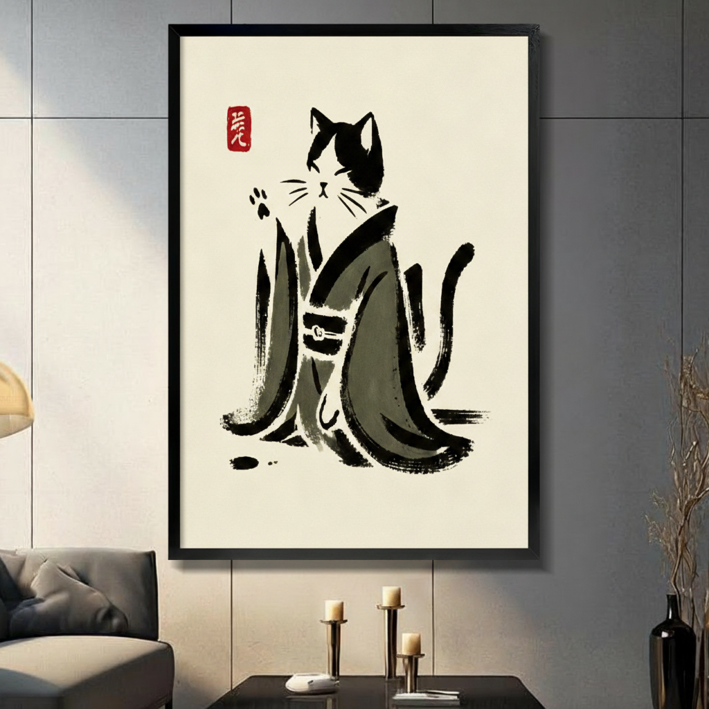 Kimono Cat Ink Brush Canvas Art Wall Art