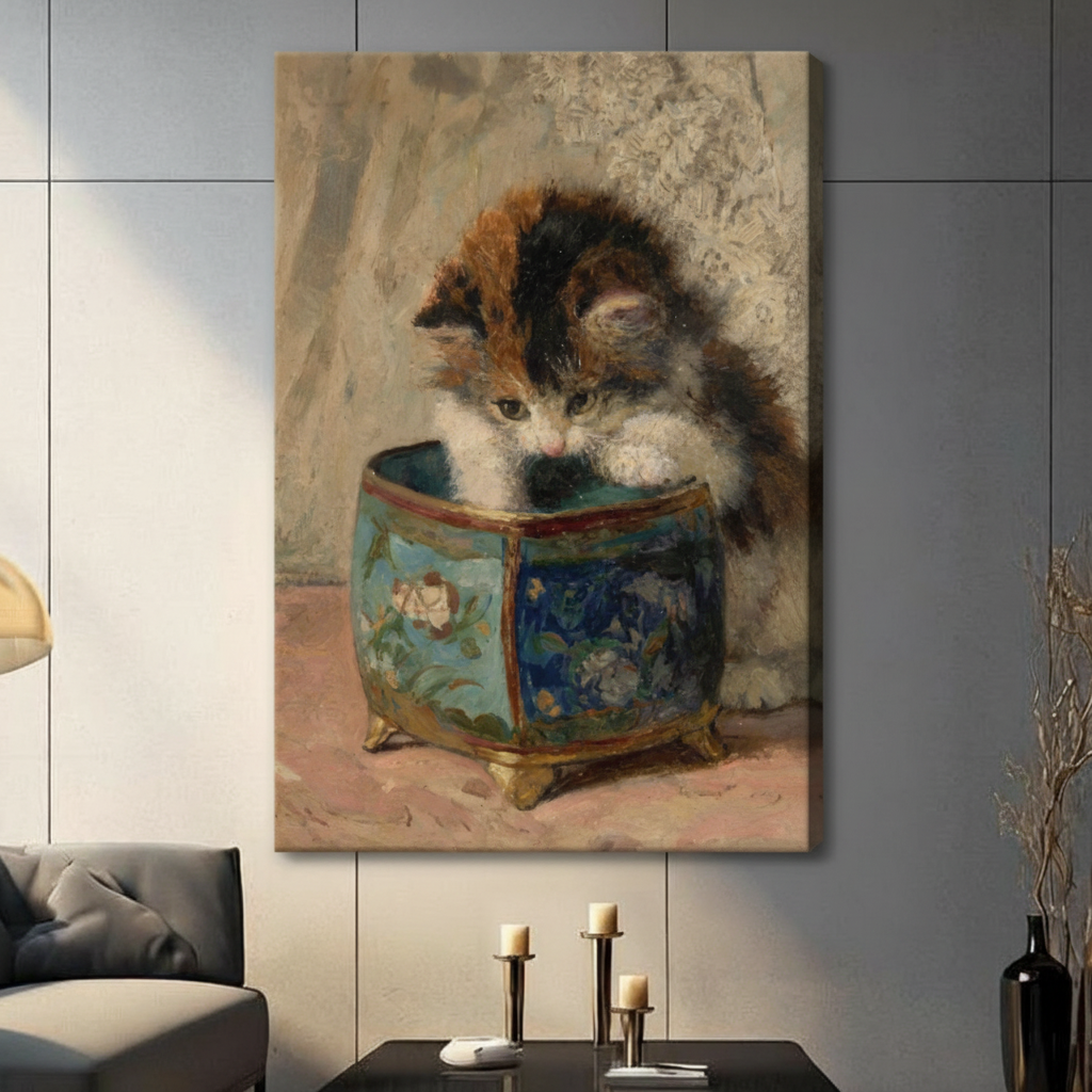 Victorian Kitten Blue Porcelain Pot Oil Painting Canvas