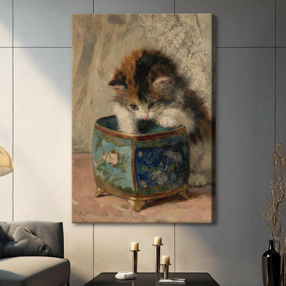 Victorian Kitten Blue Porcelain Pot Oil Painting Canvas