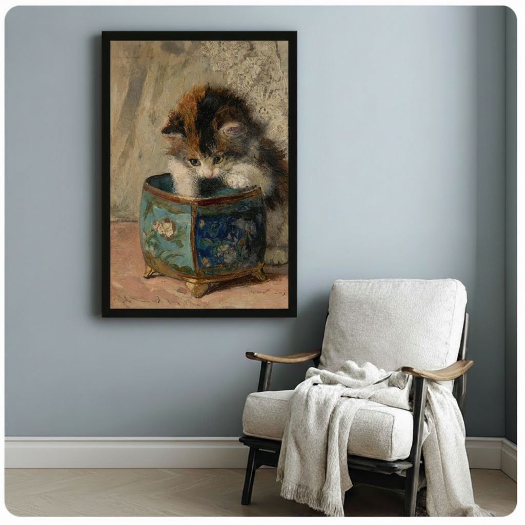 Victorian Kitten Blue Porcelain Pot Oil Painting Canvas