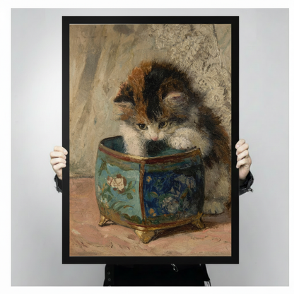 Victorian Kitten Blue Porcelain Pot Oil Painting Canvas