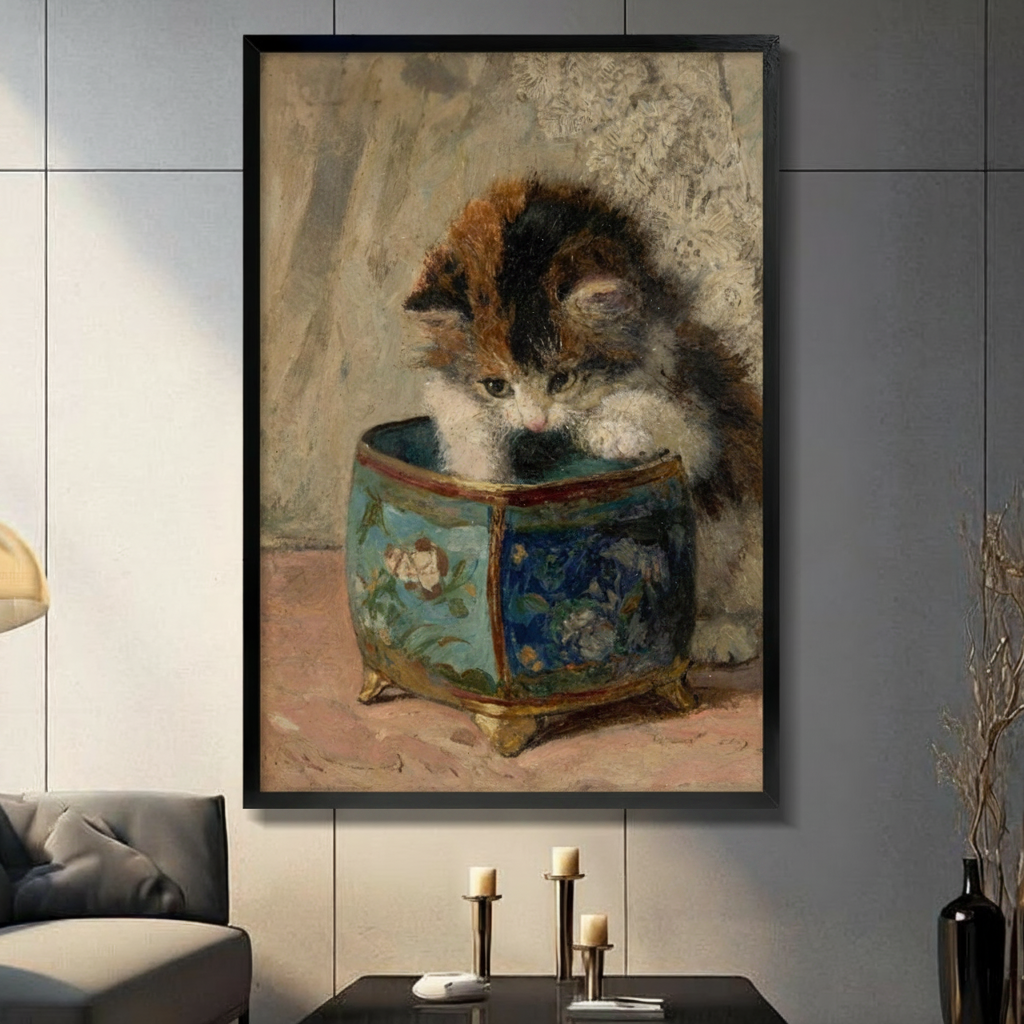Victorian Kitten Blue Porcelain Pot Oil Painting Canvas