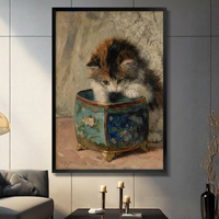 Victorian Kitten Blue Porcelain Pot Oil Painting Canvas