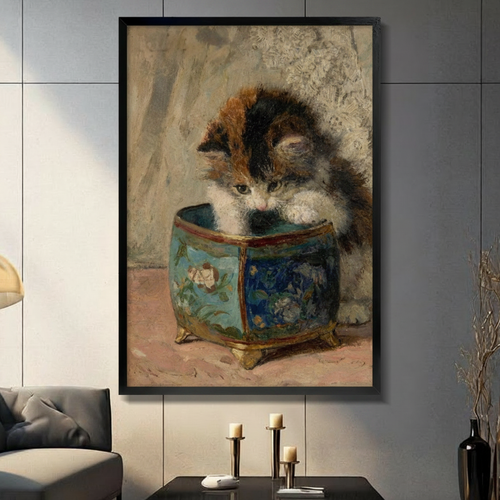 Victorian Kitten Blue Porcelain Pot Oil Painting Canvas