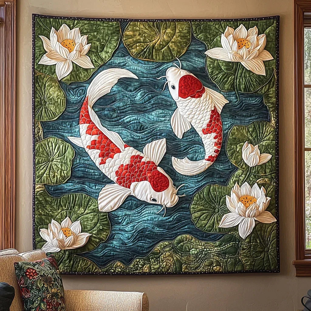 Koi Fish Pond Quilt Blanket