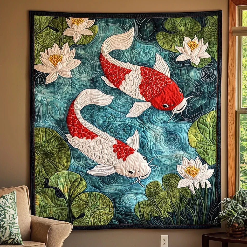 Koi Fish Pond Quilt Blanket