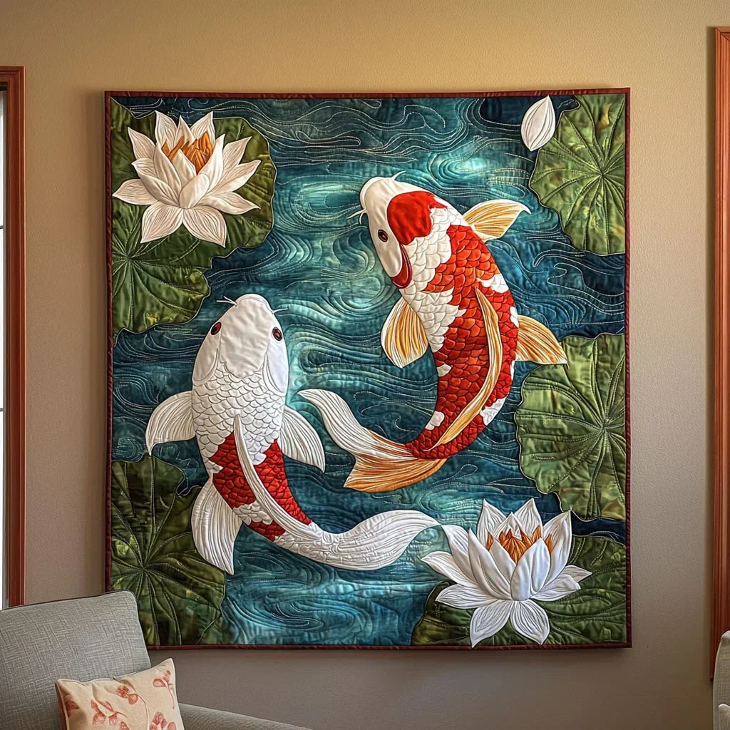 Koi Fish Pond Quilt Blanket