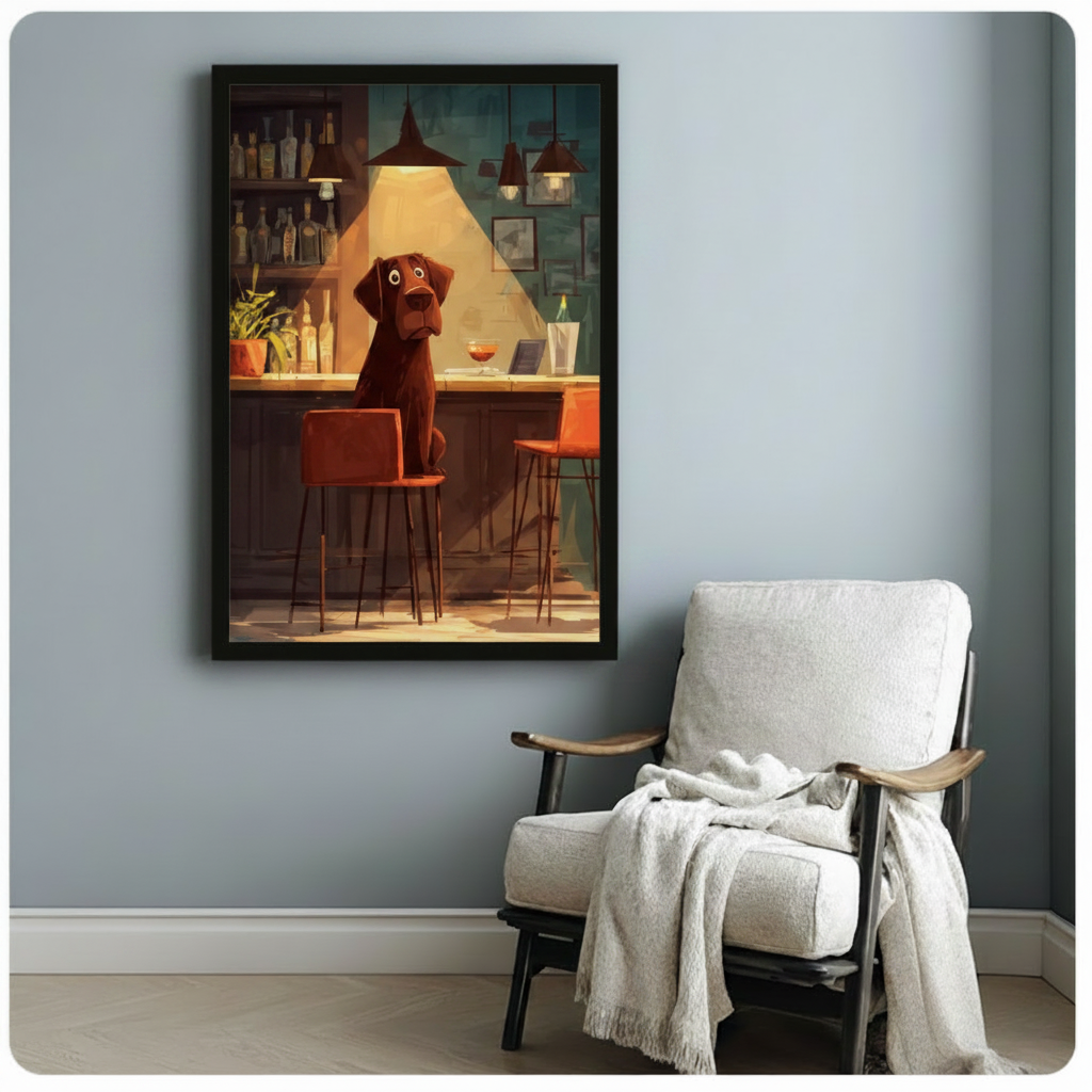 Chocolate Lab at Bar Cartoon Canvas Art Wall Art